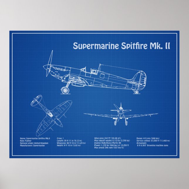 Póster Spitfire supermarino - Avión Blueprint AD (Frente)