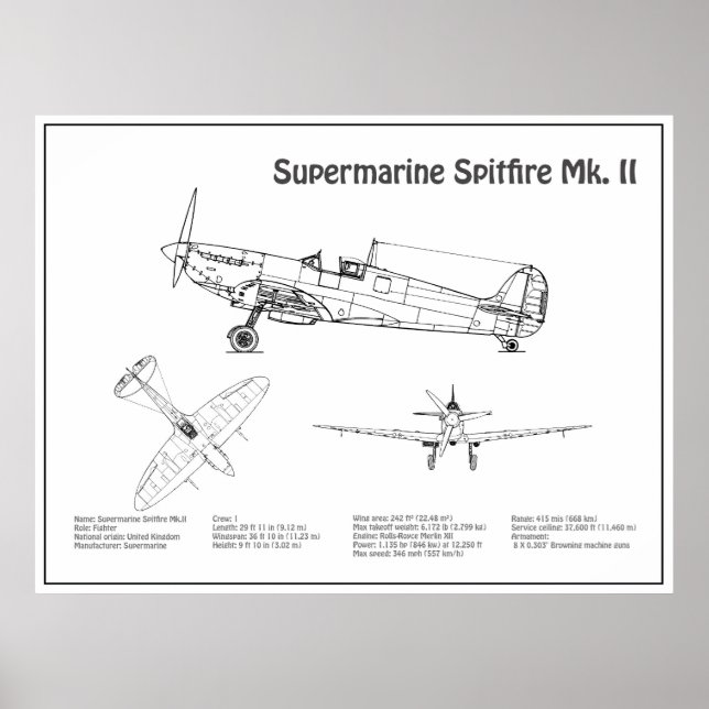 Póster Spitfire supermarino - Plano aéreo BD (Frente)