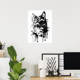 Póster Splash de gato negro y blanco