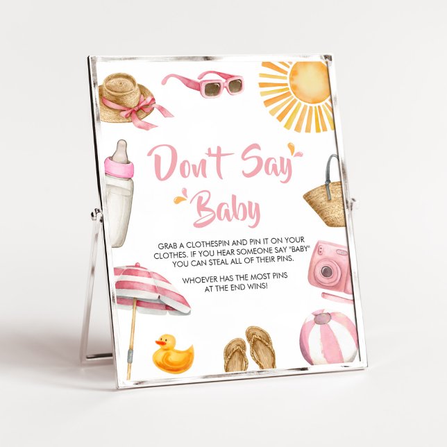 Póster Splash rosa Baby Shower no dice bebé (Girl Summer Beach Baby Shower Don't Say Baby Sign)
