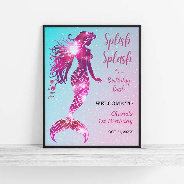 Póster Splish Splash Mermaid Chica Primer cumpleaños Bien (Splish Splash Mermaid Girl 1st Birthday Welcome Sign )