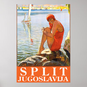 Póster Split, Yugoslavia, chica en la roca junto al mar