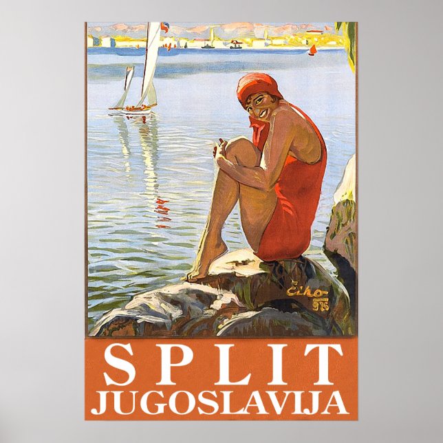 Póster Split, Yugoslavia, chica en la roca junto al mar (Frente)