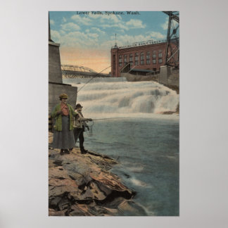 Póster Spokane, WA - Pesca de pareja en las cataratas inf