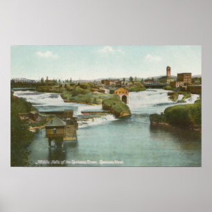 Póster Spokane, WA - Vista de las cataratas y el río