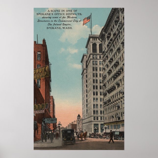 Póster Spokane, WA - Vista del centro con Horsecarts (Frente)