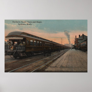 Póster Spokane, WA - Vista del tren y depósito de N. Pací