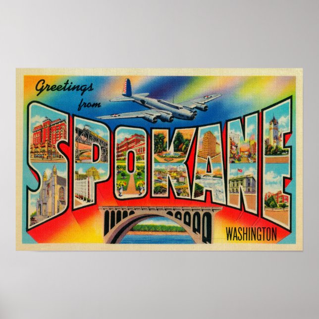 Póster Spokane, Washington - Escenas de letras grandes (Frente)