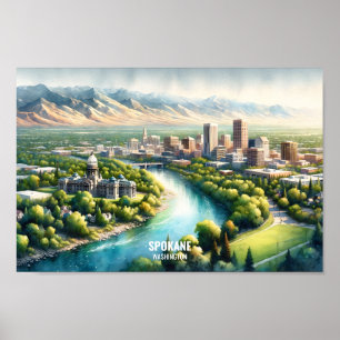Póster Spokane Washington Famous Travel Places acuarela