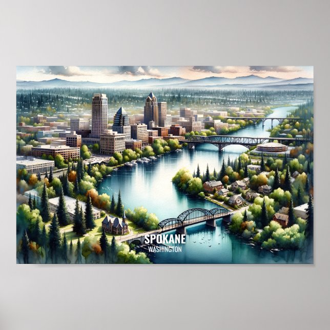 Póster Spokane Washington Famous Travel Places acuarela (Frente)