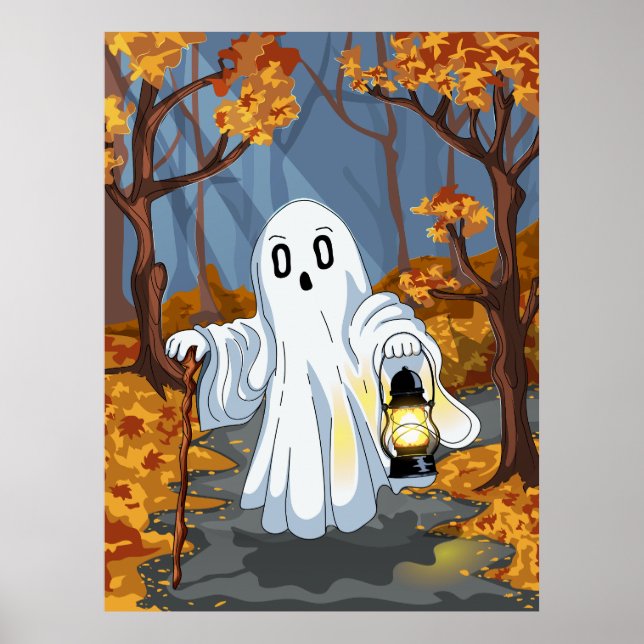 Póster Spooky Ghost with Lantern in Autumn Forest (Frente)