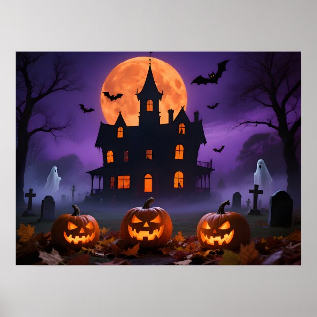 Póster Spooky Gothic Manor with Ghosts and Graveyard (Frente)