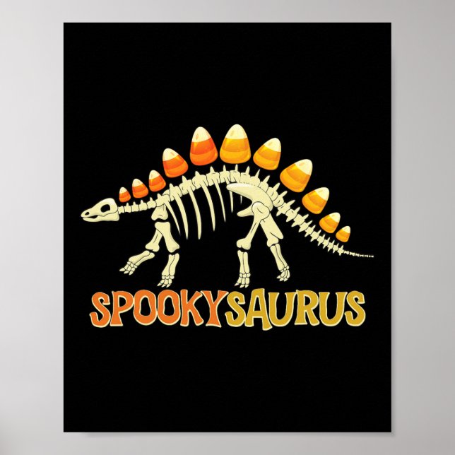 Póster Spookysaurus Candy Corn Dinosaur Esqueleto Feliz J (Frente)