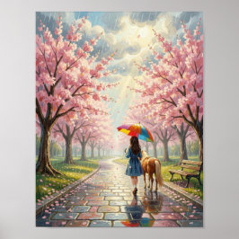 Póster Spring - Girl with Umbrella and Pony in Rainy Park