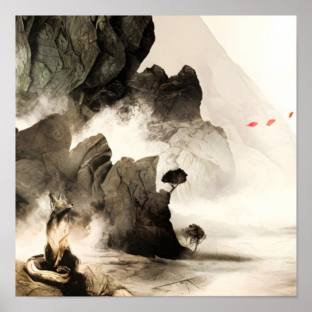 Póster Spring Mystic Fox Misty Mountain Minimalist Zen (Frente)