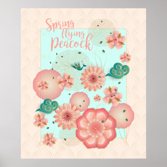 Póster Spring Peach Garden Flying Peacock Floral Ornament (Frente)