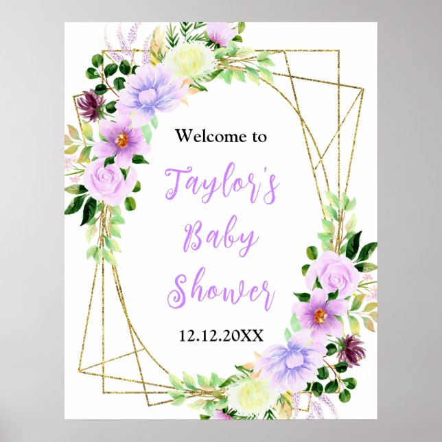 Póster Spring Purple Floral Baby Shower Welcome Sign (Frente)
