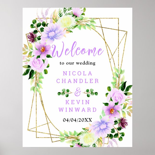 Póster Spring Purple Flowers with Foliage Welcome Sign (Frente)