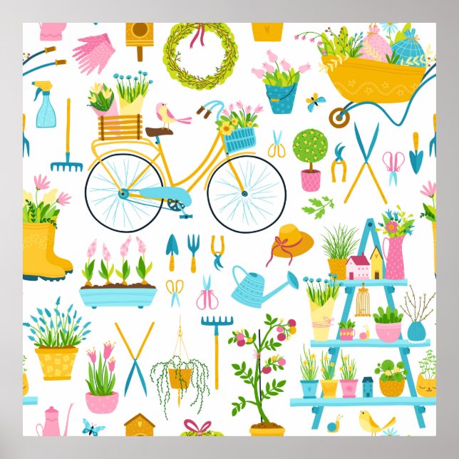 Póster Spring seamless pattern in simple hand-drawn carto (Frente)