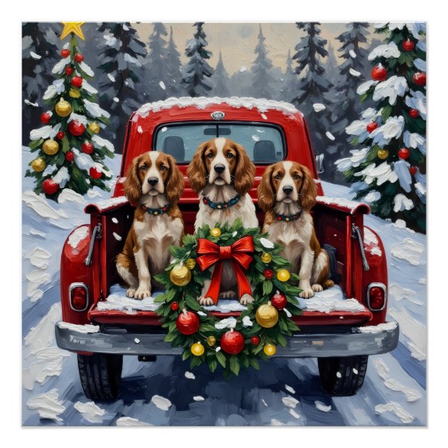 Póster Springer Spaniel Navidad Camión Rojo Festejo Navid (Anverso)