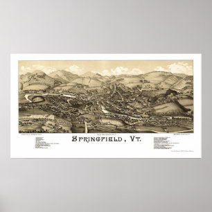 Póster Springfield, mapa panorámico VT - 1886