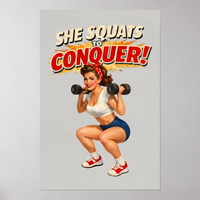 Póster Squats To Conquer -Funny Retro Fitness Pin-Up- Gym (Frente)