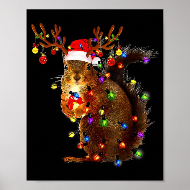 Póster Squirrel Christmas Tree Lights Reindeer Santa Hat  (Frente)