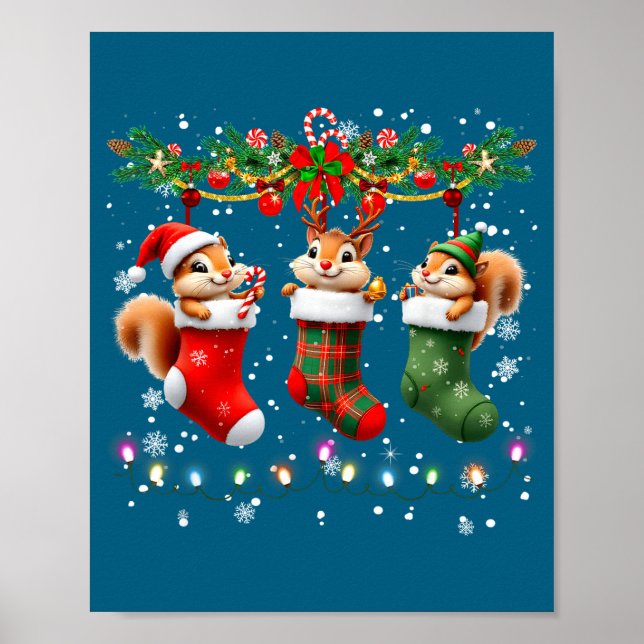 Póster Squirrel In Christmas Socks Lights Squirrel Xmas  (Frente)