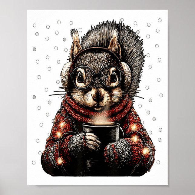 Póster Squirrel With Gles Christmas Lights Funny Coffee W (Frente)