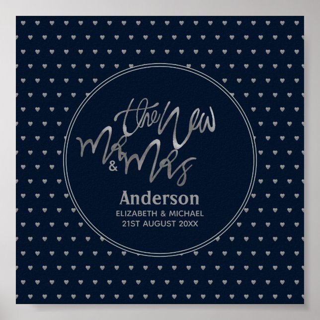 Póster Sr. y Sra. Boda Navy Blue Silver Love Hearts (Frente)