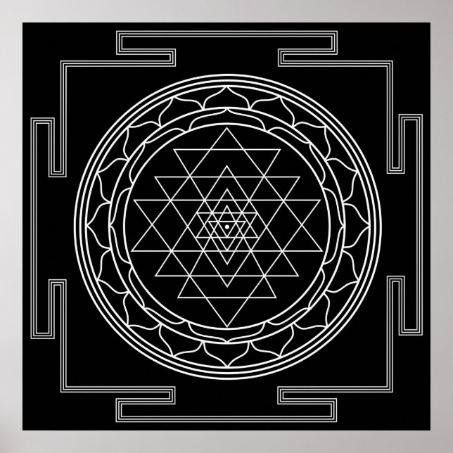 Póster Sri Yantra White sobre negro (Frente)