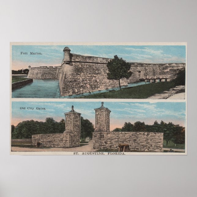 Póster St. Augustine, FL - Vista de Ft. Marion y Ciudad (Frente)