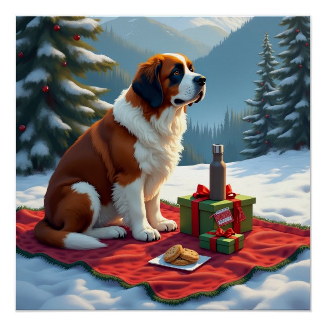 Póster St. Bernard Winter Picnic Christmas Painting (Anverso)
