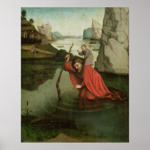 Póster St Christopher que lleva al niño de Cristo
