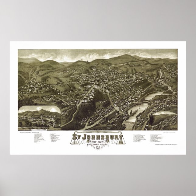 Póster St. Johnsbury, mapa panorámico de VT - 1884 (Frente)