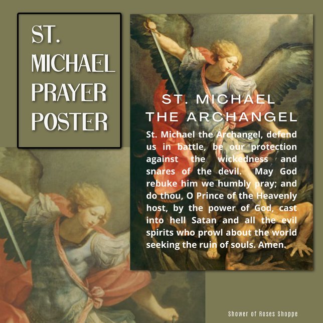 Póster St. Michael el Archangel Prayer con texto blanco (Powerful traditional Catholic  prayer to St. Michael the Archangel)
