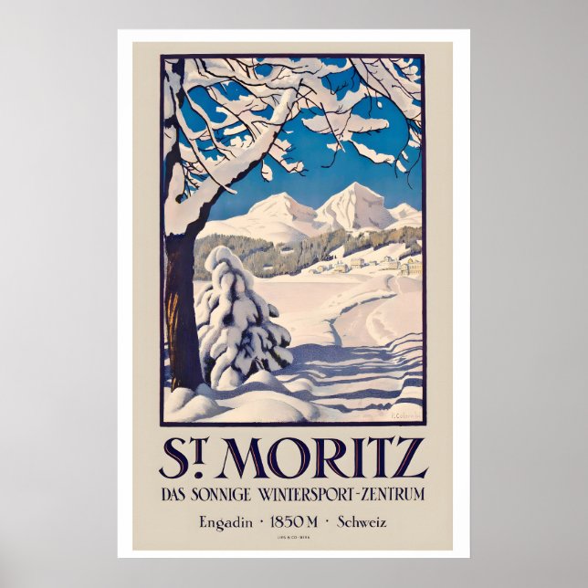 Póster St. Moritz Engadin 1850m Zwitzerland Deportes de I (Frente)