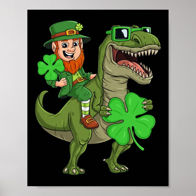 Póster St Patricks Day Leprechaun Riding T Rex Dino B (Frente)