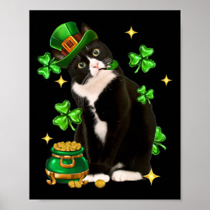 Póster St Patrics Day Cute Tuxedo Cat Shamrock Irish Cat