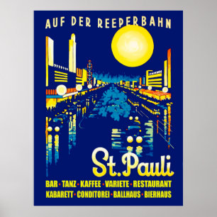 Póster St. Pauli de noche, ciudad de Hamburgo, Alemania