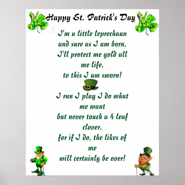 PÓSTER ST. POEMA DE LEPRECHAUN DEL DÍA DE PATRICK (Frente)