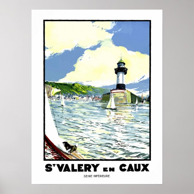 Póster St. Valery en Caux, agua, faro, barco de vela (Frente)