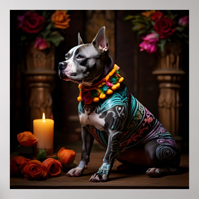 Póster Staffordshire Bull Terrier Día de Muertos (Frente)