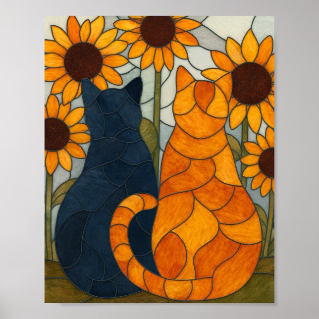 Póster Stained Glass Cats and Sunflowers Art Design (Frente)
