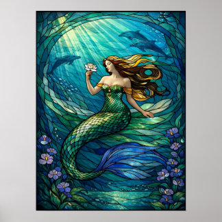 Póster Stained Glass Mermaid Wall Art Poster