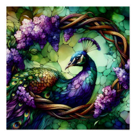 Póster Stained Glass Peacock Floral Wreath Art
