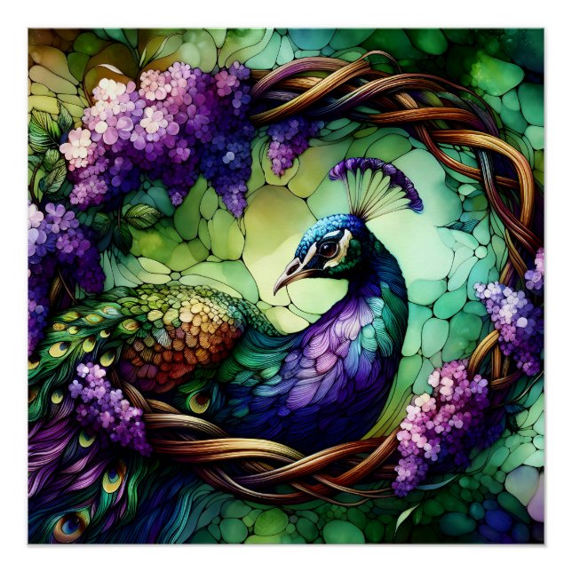 Póster Stained Glass Peacock Floral Wreath Art (Anverso)