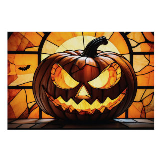 Póster Stained Glass Scary Halloween Jack-O-Lantern 