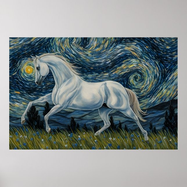 Póster Stallion gris en la noche estrellada (Frente)