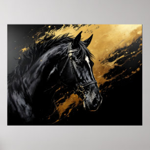 Póster Stallion negro sobre negro y oro con blanco